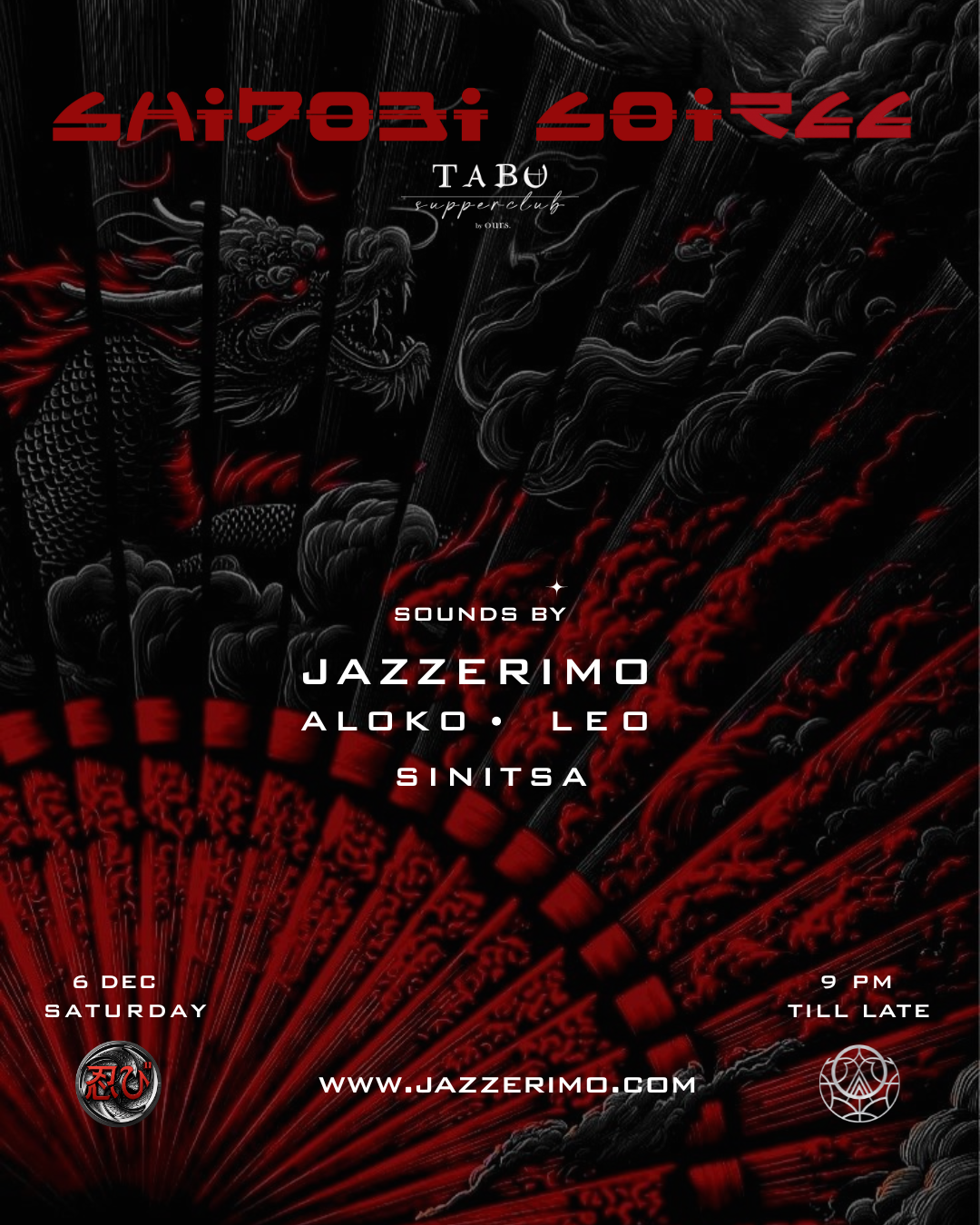 SHINOBI SOIRÉE Bali event poster featuring Jazzerimo at TABU Supperclub – Dec 6