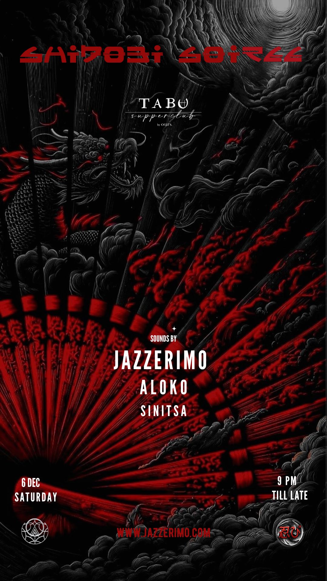 SHINOBI SOIRÉE Bali event poster featuring Jazzerimo at TABU Supperclub – Dec 6