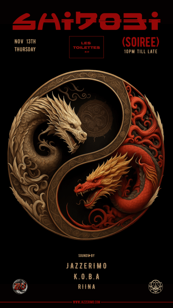 SHINOBI SOIREE Bali with Jazzerimo at Les Toilettes 2.0 – Nov 13 event poster featuring yin-yang dragons