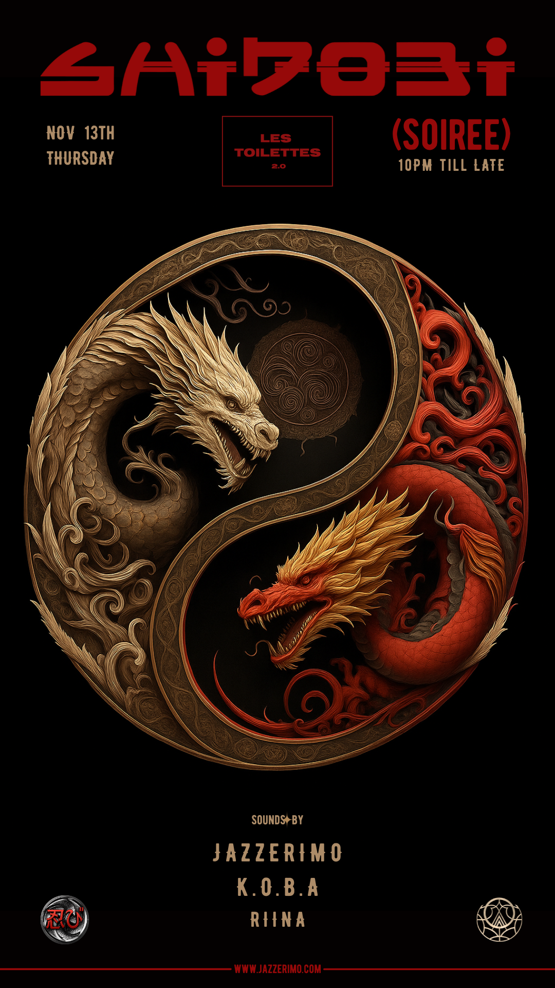 SHINOBI SOIREE Bali with Jazzerimo at Les Toilettes 2.0 – Nov 13 event poster featuring yin-yang dragons