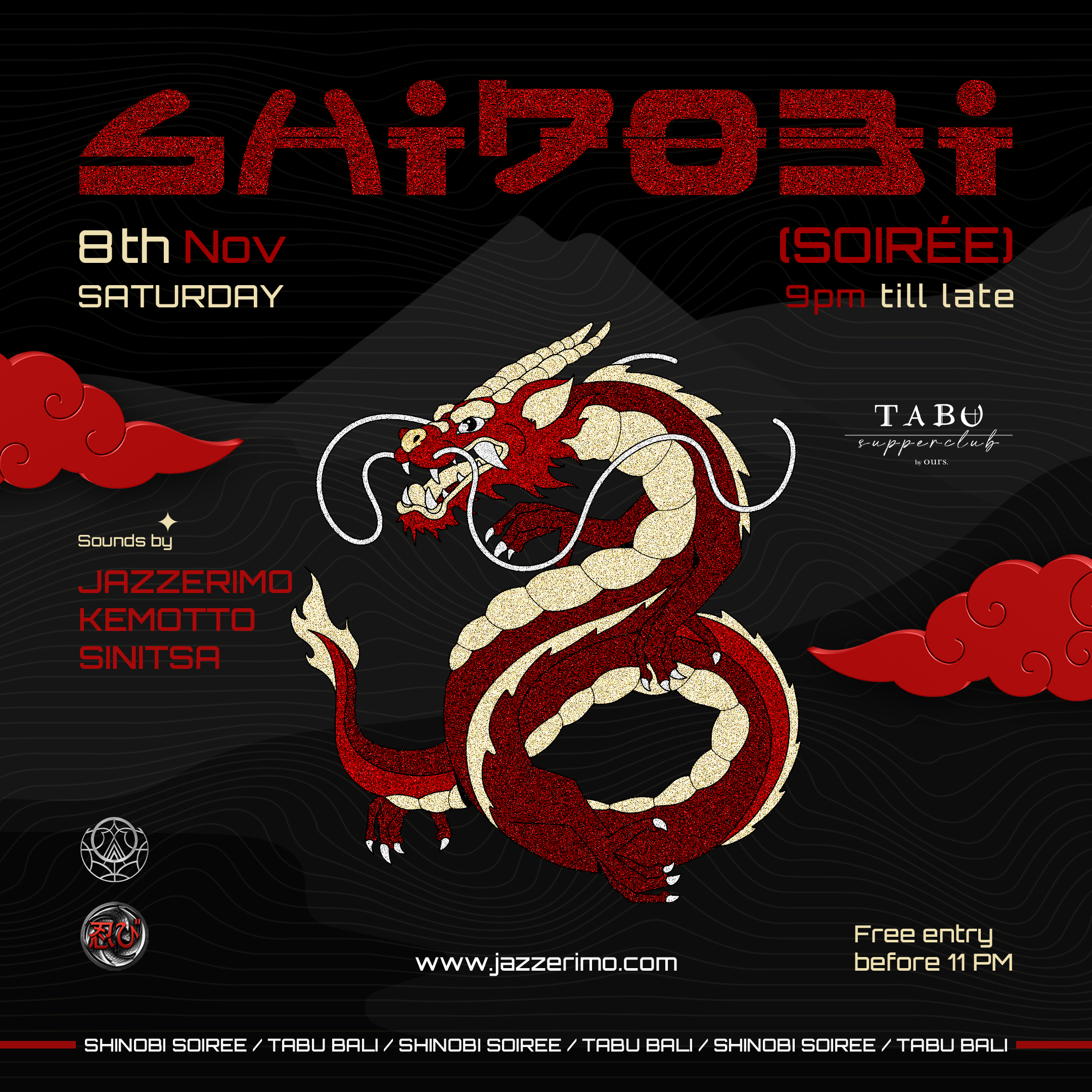 Shinobi Soirée Bali with Jazzerimo at TABU Supperclub – Nov 8 event poster