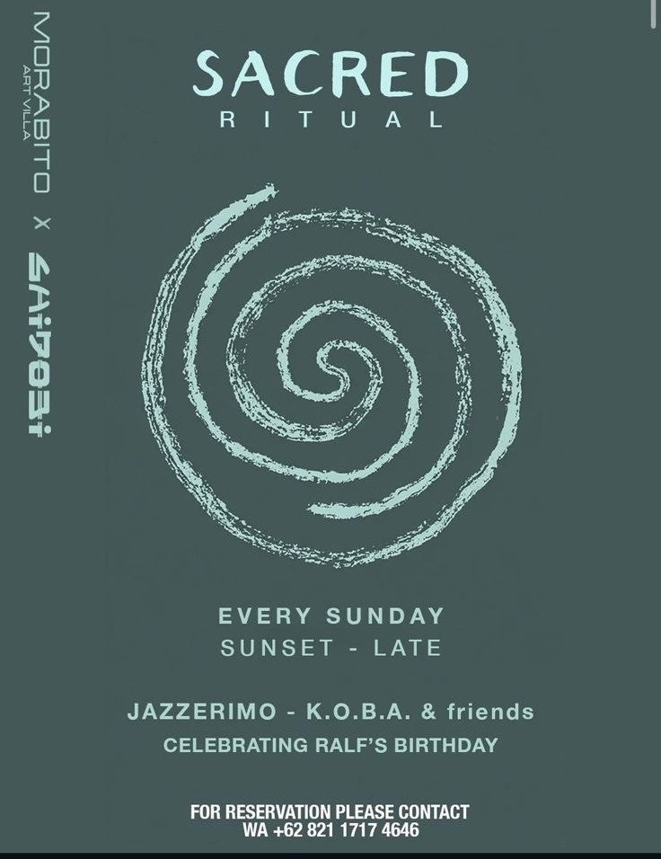Sacred Ritual Bali flyer featuring Jazzerimo at Morabito Art Villa – Sunday sunset ceremony
